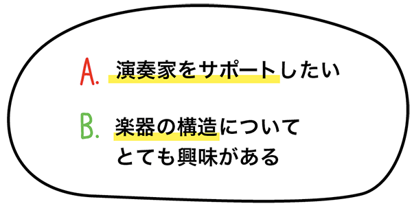 A.演奏家をサポートしたい　B.楽器の構造についてとても興味がある